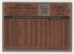 1972 Topps Baseball JOSE PAGAN #701 Poor-Pirates (Wrote On)