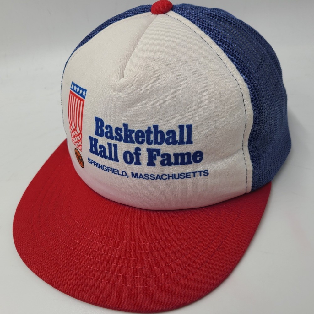 Vintage Basketball Hall of Fame Hat Snapback Trucker Mesh White Blue Red 80s Men
