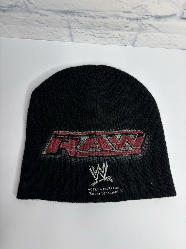 Vintage WWE RAW Beanie Hat Y2K Black Knit Cap World Wrestling Entertainment