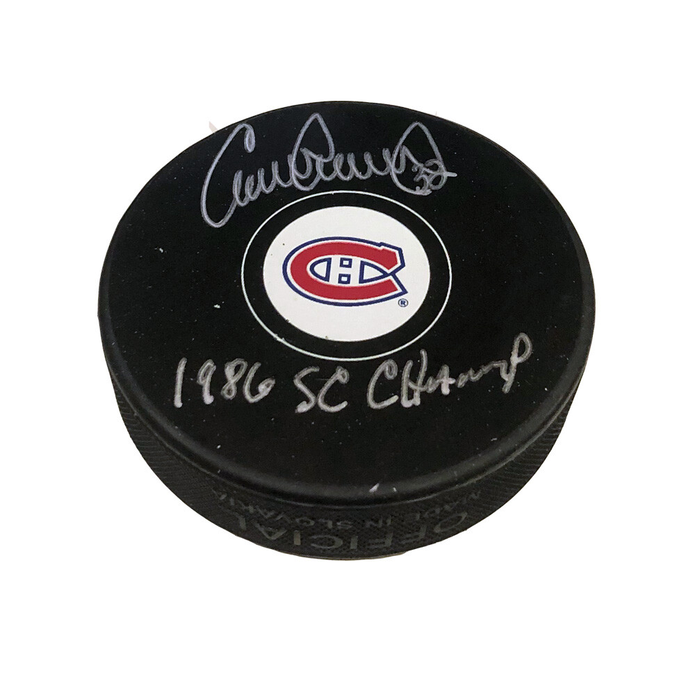 CLAUDE LEMIEUX Signed & Inscribed Montreal Canadiens Puck – 1986 SC Champ