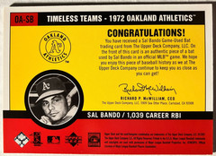 2001 Upper Deck Vintage Timeless Teams #OASB Sal Bando Bat Oakland A&rsquo;s