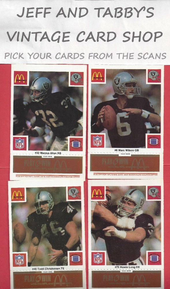 1986 McDonald&rsquo;s RAIDERS FOOTBALL CARDS gold Tab see drop down menu NM to Mint