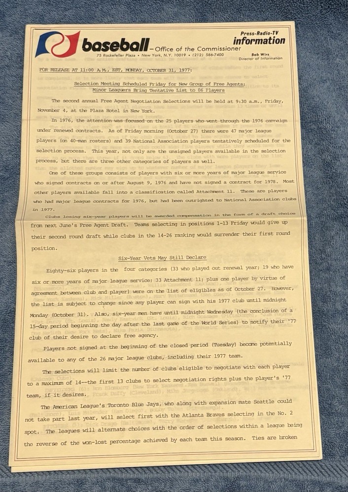 1977 Baseball Commissioner’s Office Press Release World Series Reggie Jackson