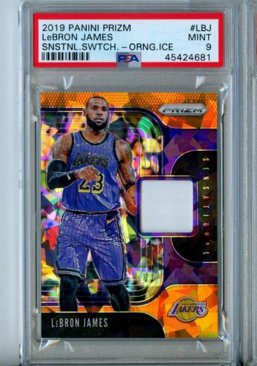 LEBRON JAMES GAME USED JERSEY ORANGE CRACKED ICE PRIZM 2019 20 PRIZM PSA 9