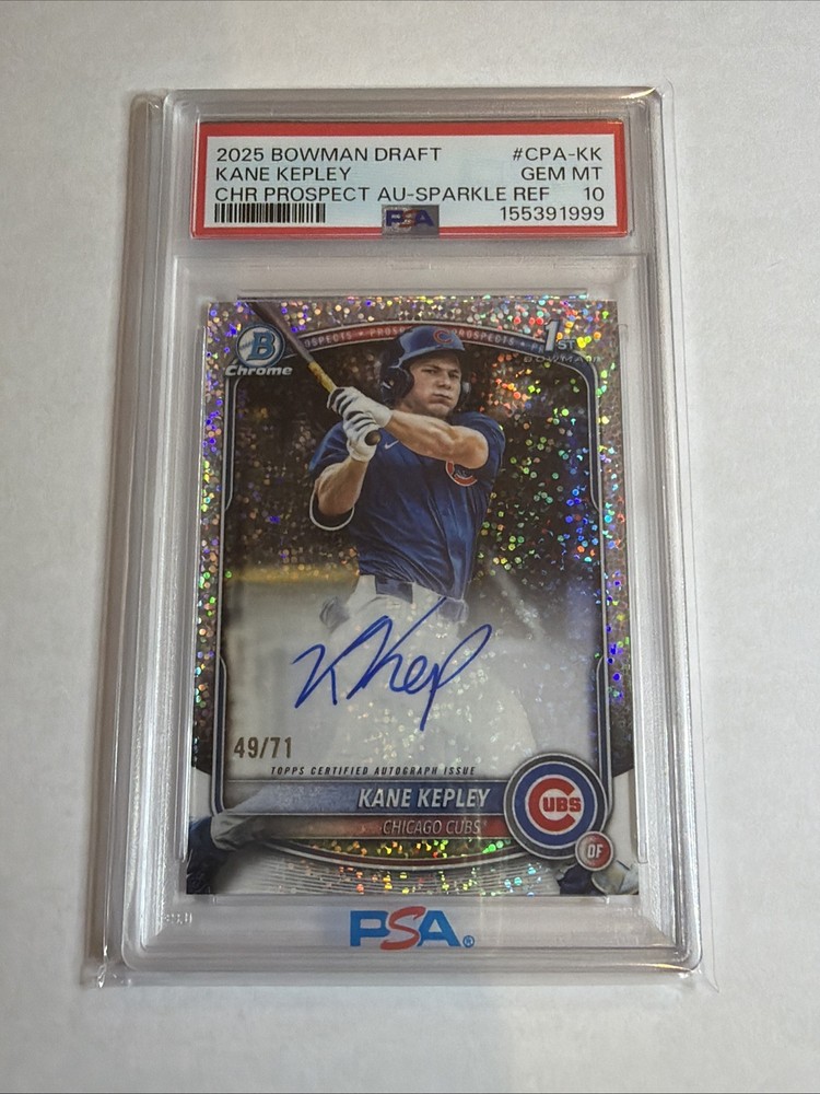 2025 1st Bowman Draft Chrome Sparkle Refractor Kane Kepley Auto 49/71 RC PSA 10