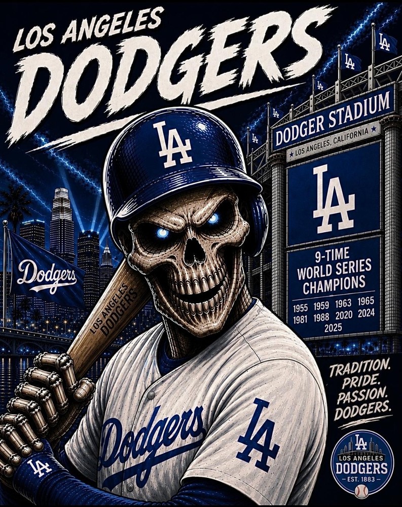 (2) Los Angeles Dodgers Skull Batting Waterproof Vinyl Stickers 4.5×3.5 Decals