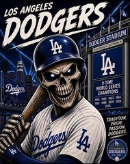 (2) Los Angeles Dodgers Skull Batting Waterproof Vinyl Stickers 4.5×3.5 Decals