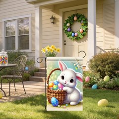 Easter Garden Flag, Cute Bunny & Basket Eggs Pattern Polyester 12×18 Inches, E