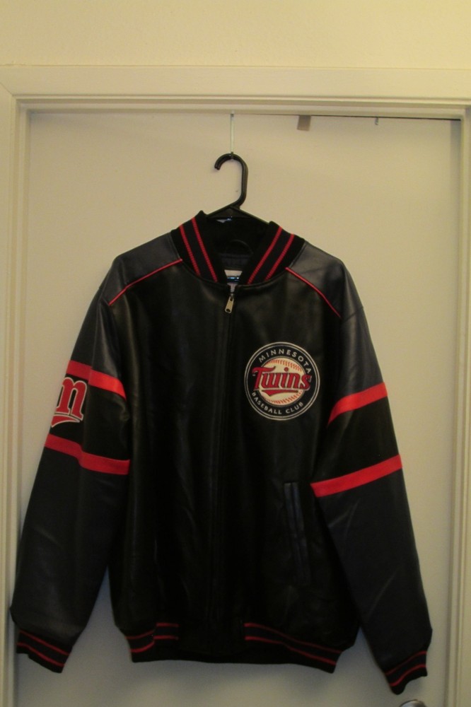 Minnesota Twins XL Men&rsquo;s Black Navy Red Faux Leather Bomber Jacket NWT