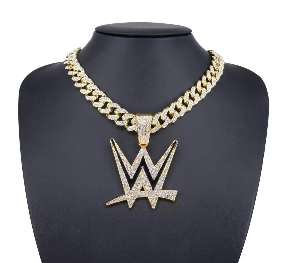 WWE Gem Chain 24&Prime; Iced Out Pendant Necklace Gold Silver Wrestling Fan Jewelry