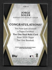 2020 Topps Tier One Dual Relic Jorge Soler, Royals, 2 Color Letter Patch, #15/25