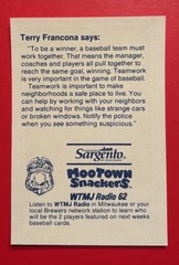 1989 MILWAUKEE BREWERS TERRY FRANCONA Regional Police Safety Baseball Card MLB