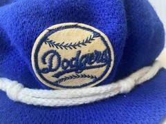 VTG CHILD 22.5” Dodgers Baseball Script Logo MLB Knit Hat Blue Newsboy Brim Pom