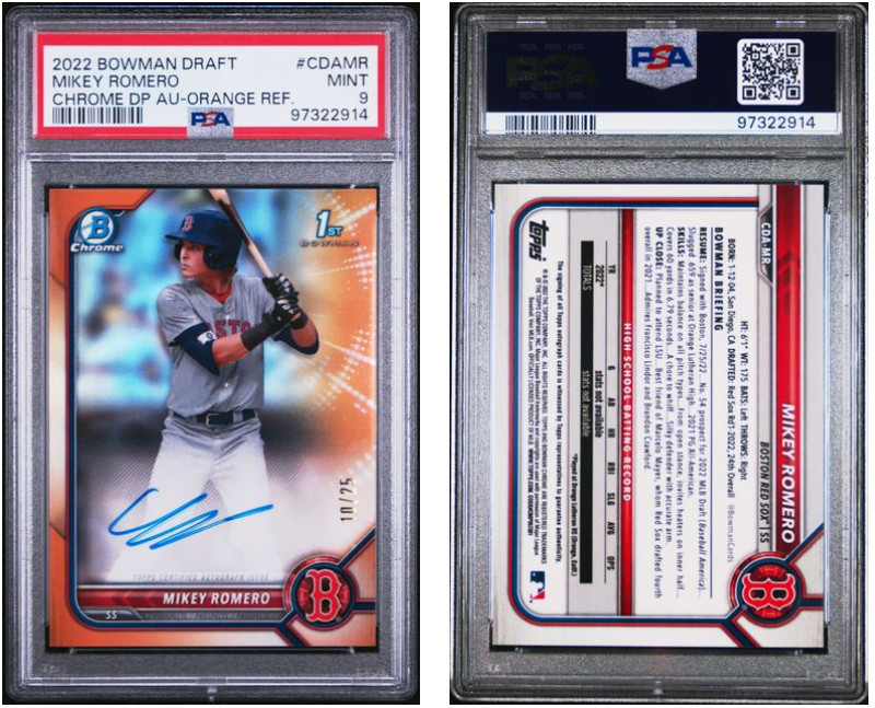 2022 BOWMAN DRAFT MIKEY ROMERO 1ST PROSPECT AUTO TRUE ORANGE /25 PSA 9 RED SOX