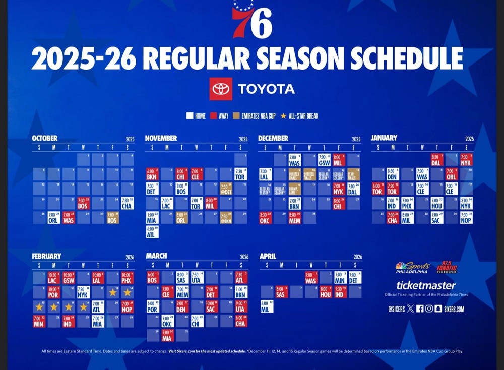 Philadelphia 76ers 2025-26 NBA Schedule Magnet 8” Laminated Fridge Calendar