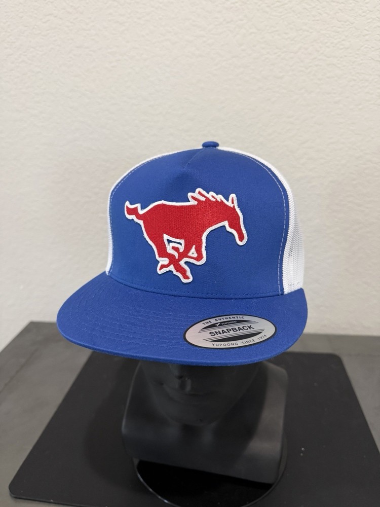 SMU MUSTANGS LOGO ADULT HIGH PROFILE BLUE FLAT BILL TRUCKER SNAPBACK HAT NEW