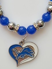 Detroit Football Bracelet Lions Jade & Hematite Gemstone Rhinestone Silver Clasp