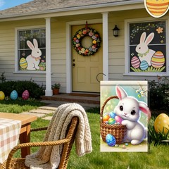 Easter Garden Flag, Cute Bunny & Basket Eggs Pattern Polyester 12×18 Inches, E