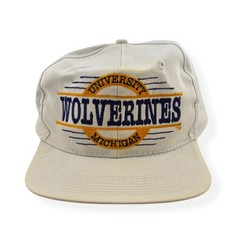 Vintage 90s University of Michigan Wolverines Snapback Hat White Navy Blue NCAA