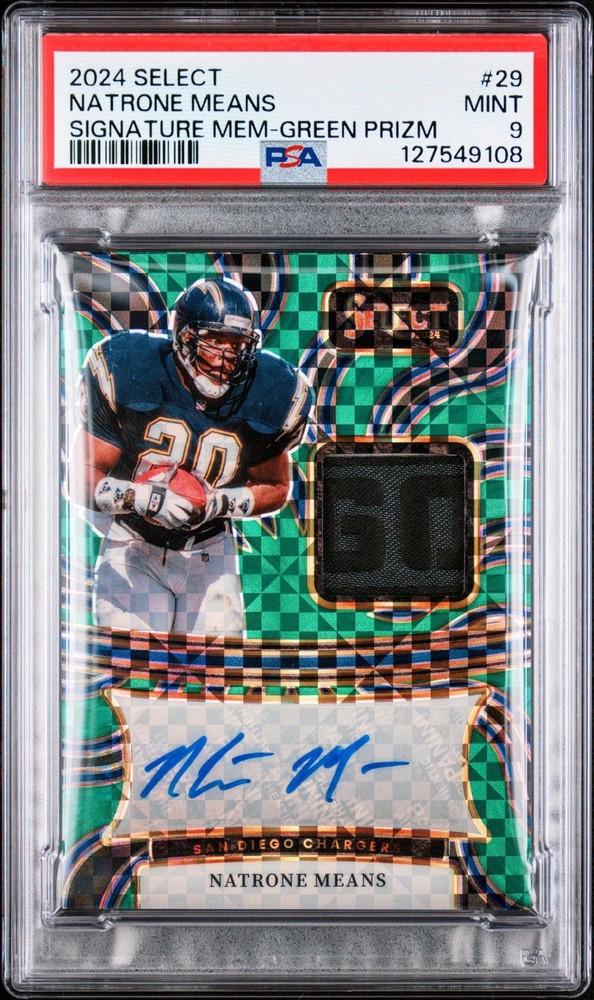 2024 Panini Select Natrone Means Signature Memorabilia Green Prizm /5 PSA 9