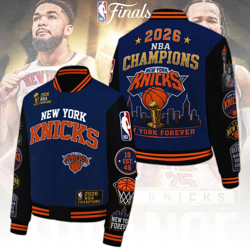 New York Knicks 2026 NBA Finals Champions Baseball Jacket – ALL PRINT, V10