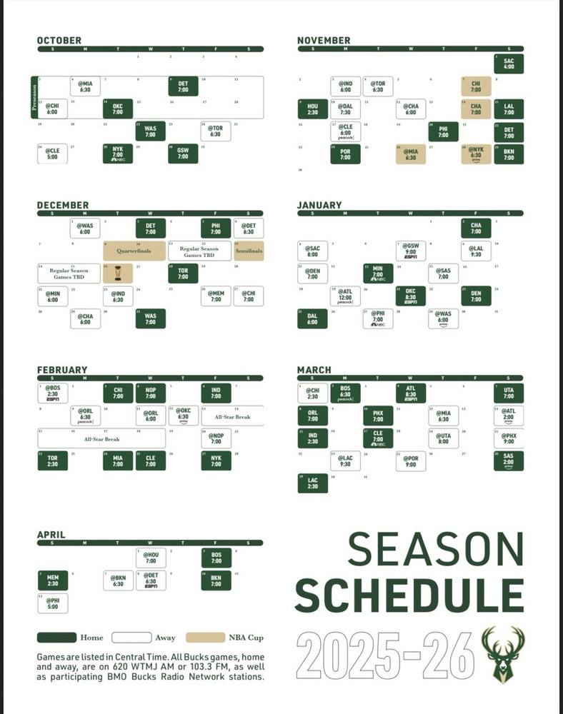 Milwaukee Bucks 2025-26 NBA Schedule Magnet 8” Laminated Fridge Calendar