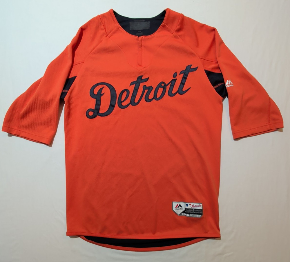 Mens Large Detroit Tigers Majestic Coolbase Shirt 3/4 Sleeve Pullover Zip MLB