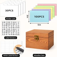 Index Card Holder 3X5, Wooden Origanizer Recipe Box with 100 PCS Flash Ca