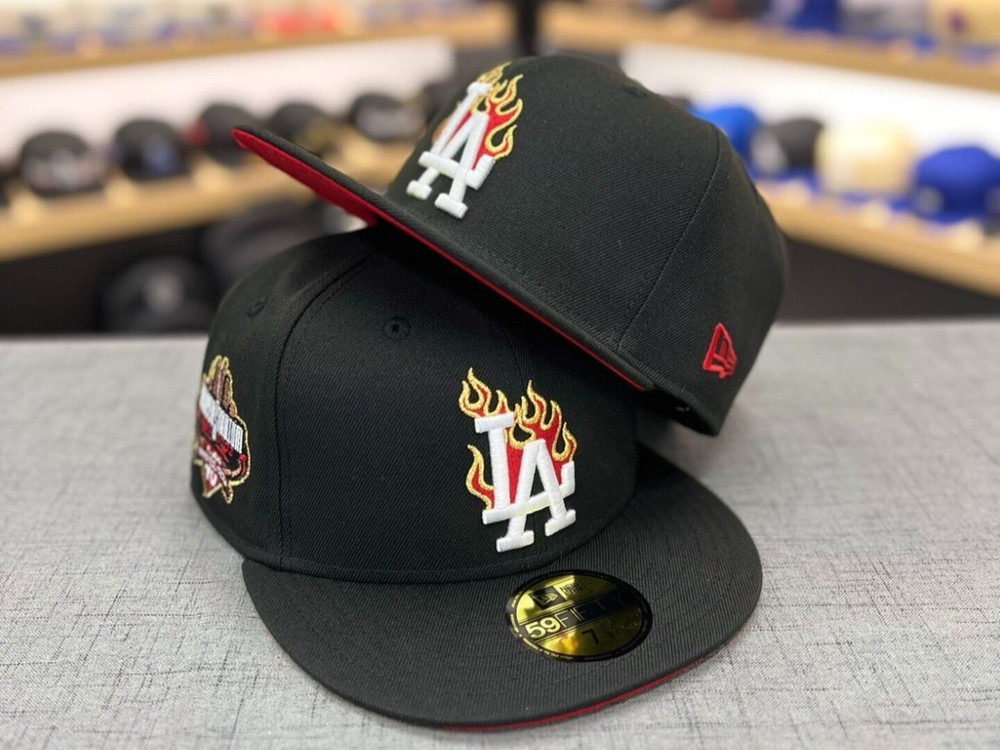 MLB New Era Los Angeles Dodgers LA Flames Patch Black Fitted Hat 59Fifty RARE
