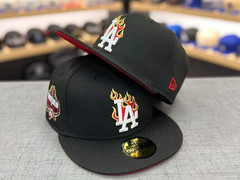 MLB New Era Los Angeles Dodgers LA Flames Patch Black Fitted Hat 59Fifty RARE