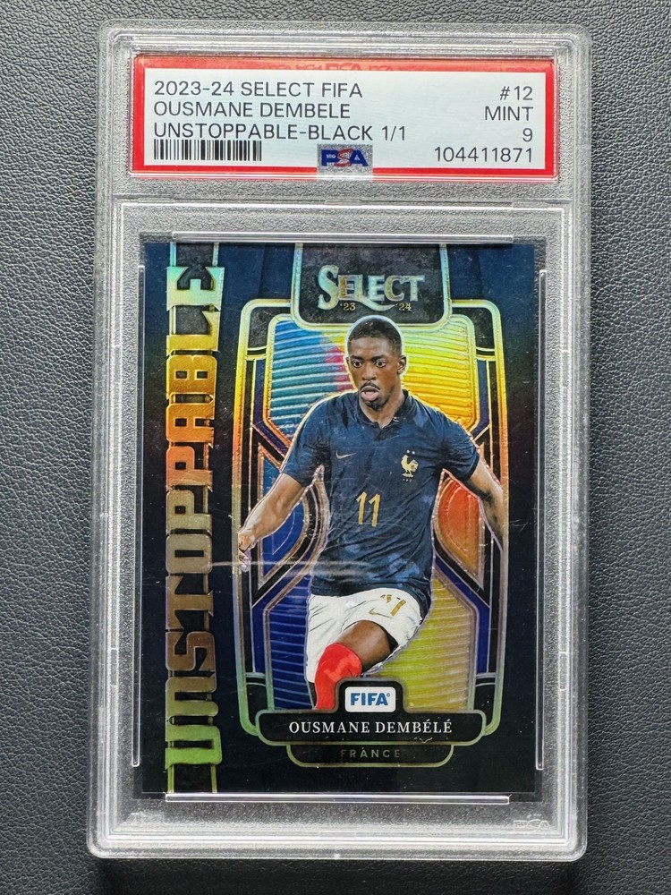 2023-24 Panini Select FIFA Ousmane Dembele #12 Unstoppable Black Prizm 1/1 PSA9