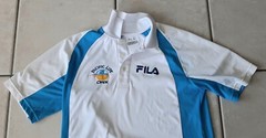 Vtg Fila Polo Shirt Pacific Life Open White And Blue XS embroidered Logos Womens