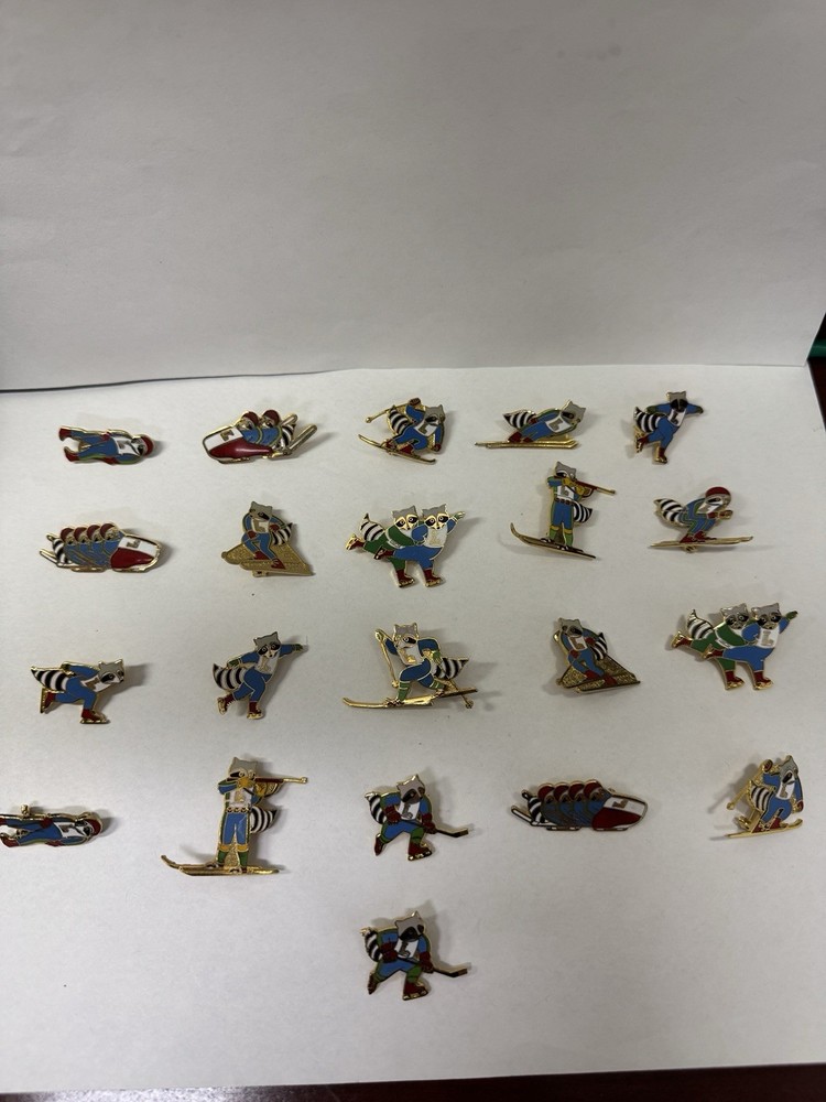 Vintage 1980 Lake Placid Olympic Mascot Roni Raccoon Pins Collection Lot Of 21
