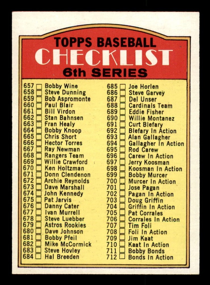 1972 Topps Baseball #604 6th Series Checklist (657-787) NM/MT *d36