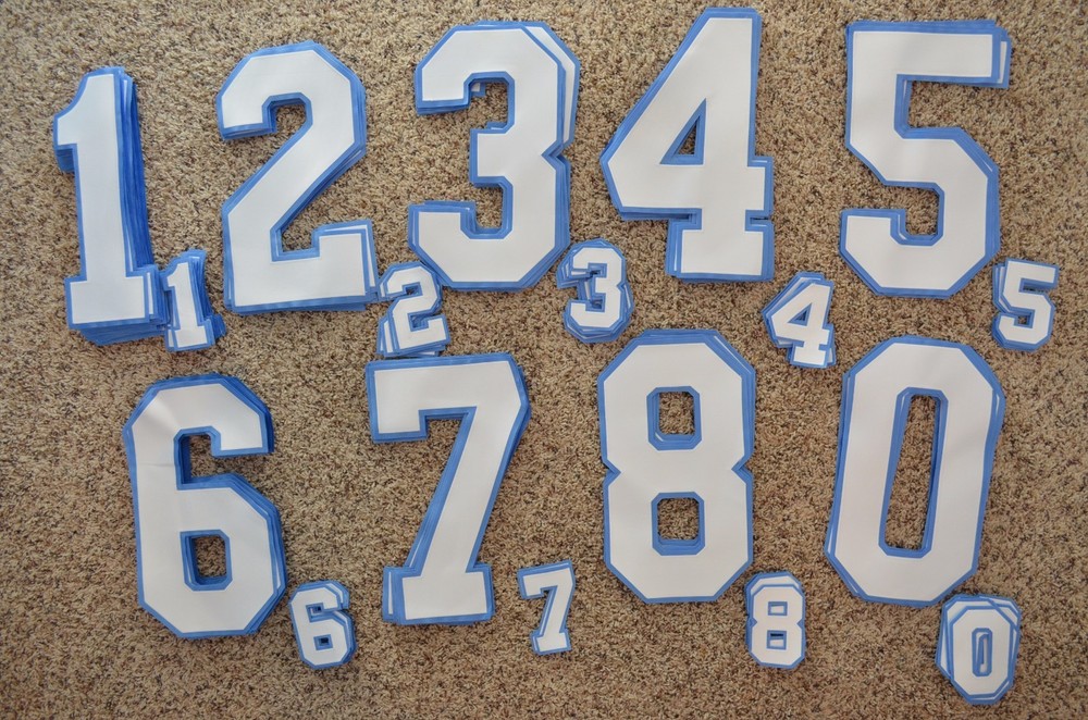 WHITE-LT BLUE Hockey Jersey 12&Prime; Back + Sleeves Tackle Twill Number Set Kit 153