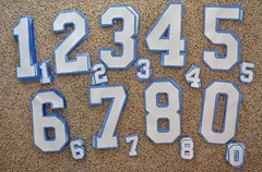 WHITE-LT BLUE Hockey Jersey 12&Prime; Back + Sleeves Tackle Twill Number Set Kit 153