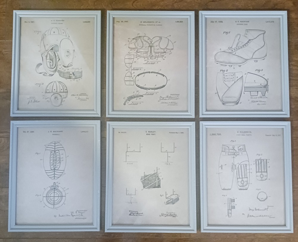 Vintage 6 Lot Patent Artwork NFL Football Equipment Blueprints Man Cave