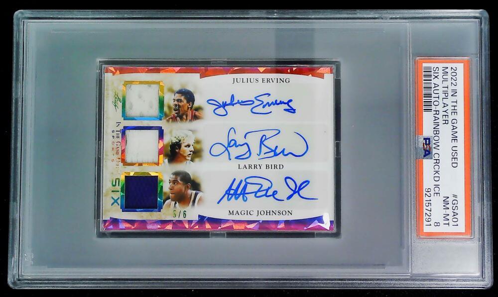 2022-23 In The Game Used AUTO Dr J Magic Johnson Larry Bird Olajuwon 5/6 PSA 8