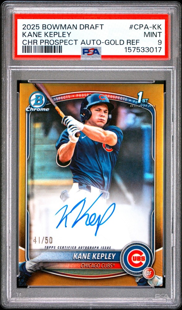 2025 BOWMAN DRAFT CHROME PROSPECT AUTOS GOLD REFRACTOR KANE KEPLEY 41/50 PSA 9