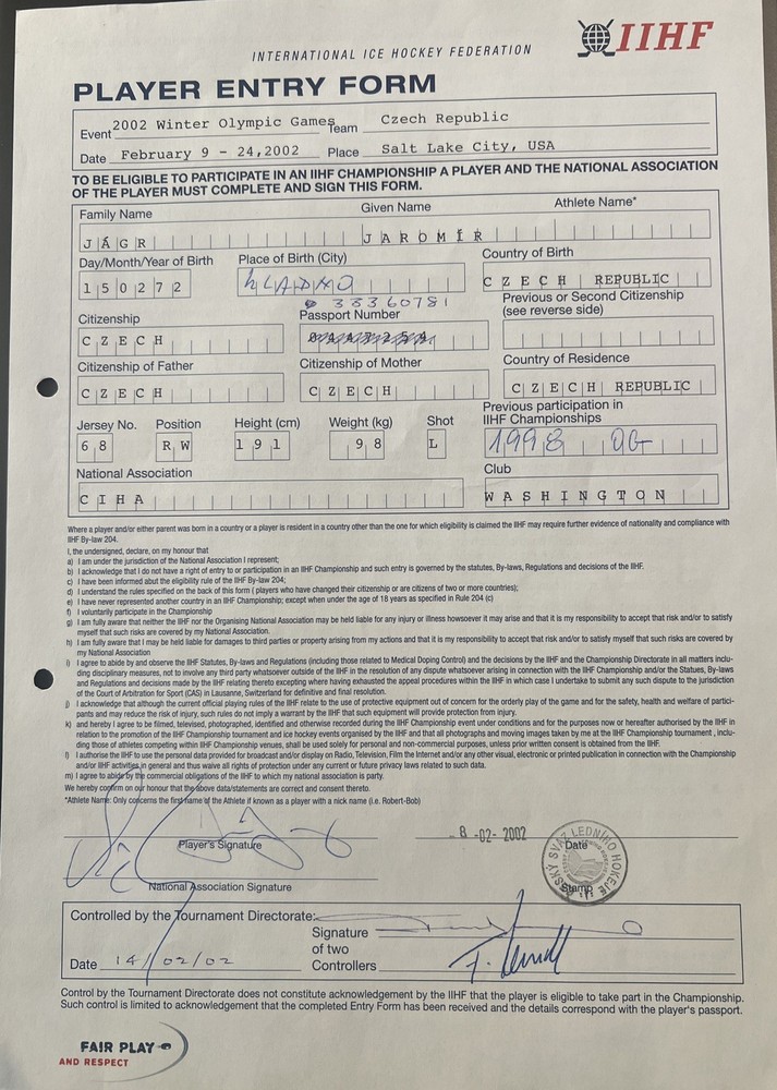 Jaromir Jagr Signed 2002 Olympics IIHF Player Entry Form – Ice Hockey – USA