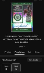 2019 Panini Contenders Optic Bill Russell Auto Veteran Ticket PSA 9