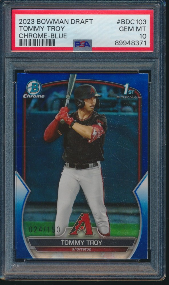 PSA 10 TOMMY TROY 1st 2023 Bowman Chrome Draft BLUE REFRACTOR/150 RC GEM MINT
