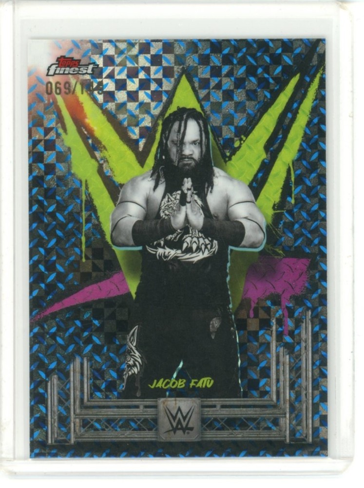 2025 TOPPS FINEST WWE COMMON BLUE CHECKERBOARD REFRACTOR JACOB FATU 69/149