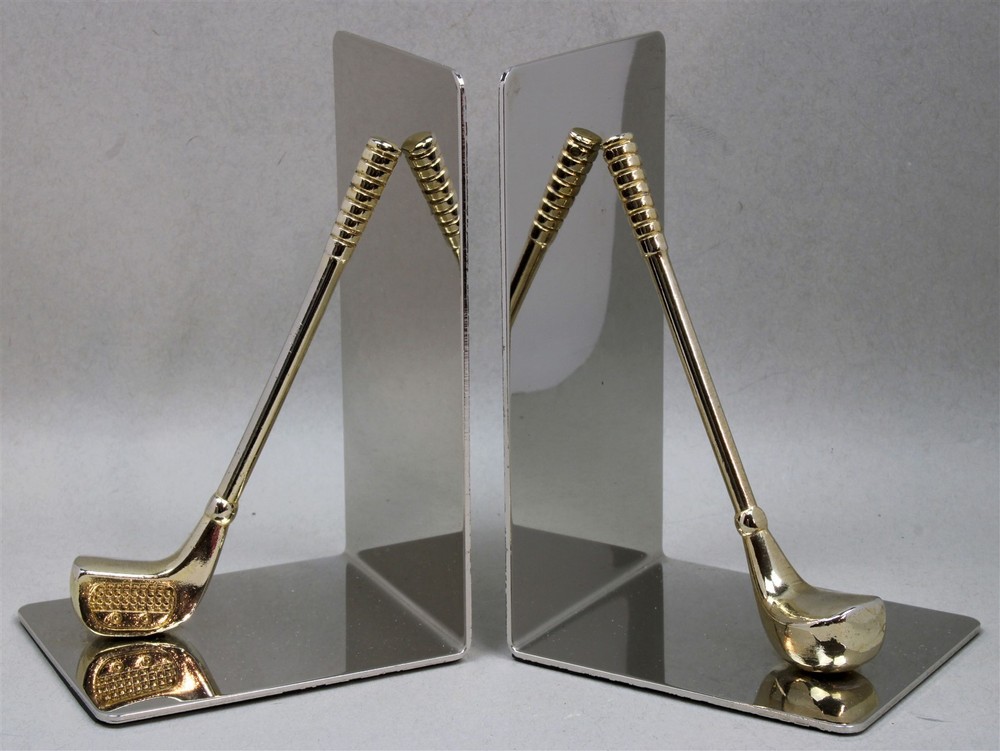 Vintage Silver Tone BOOKENDS w/Gold-Tone Golf Clubs Golfing Theme 5-3/4&Prime; Tall