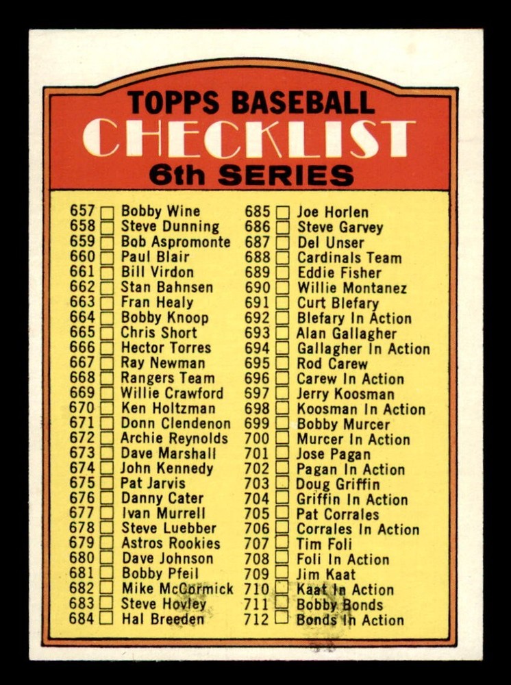 1972 Topps Baseball #604 6th Series Checklist (657-787) EX *d3