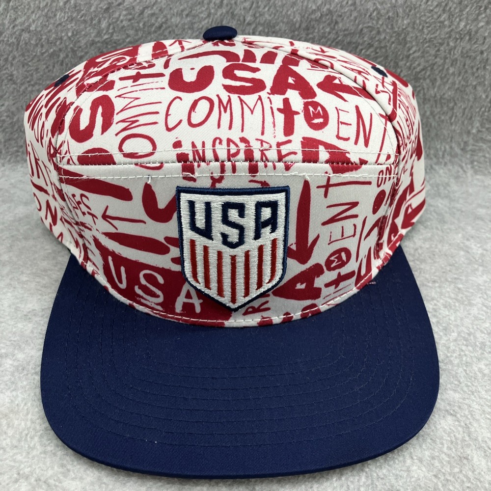 Men&rsquo;s U.S. Soccer White Red Navy All Over Print Cross Panel Snap Back Hat Cap
