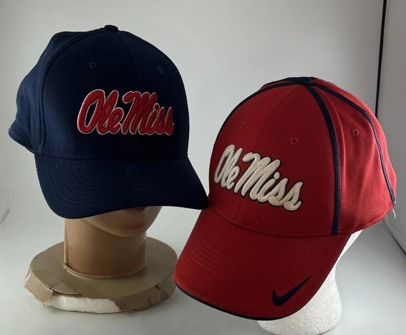 2 Nike Dri Fit Ole Miss Rebels Fitted Hat Red White and Navy Blue