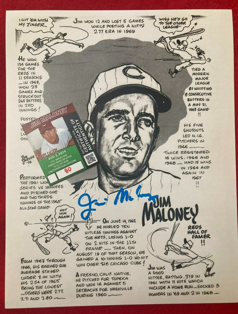 JIM MALONEY Cincinnati Reds SIGNED Autograph Print Photo 11×17 Bob Parker w/ COA