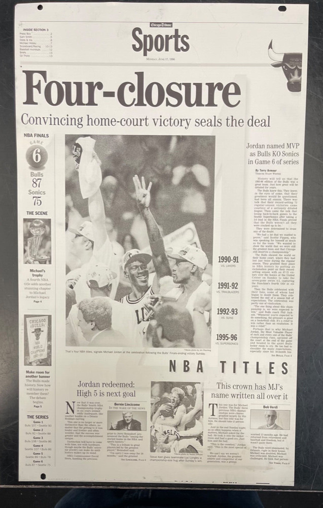 1996 Chicago Tribune Newspaper PRINT PLATE 4th NBA Title MICHAEL JORDAN RETURNS!