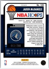 2023-24 Hoops Premium Stock Orange Prizm #128 Jaden McDaniels #/299 Timberwolves